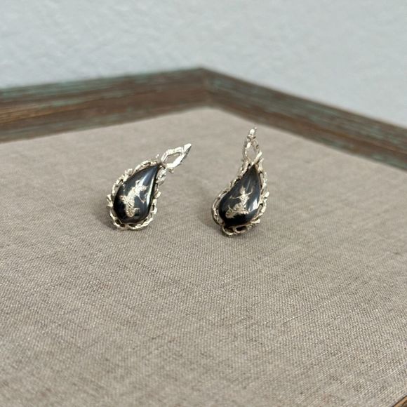 Vintage Siam Dancer Sterling Silver Black Niello Enamel Earrings Clip-on 50's - Picture 15 of 16